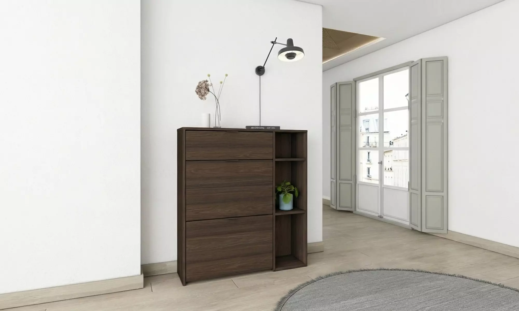 Schoenenkast met kanteldeuren en lade