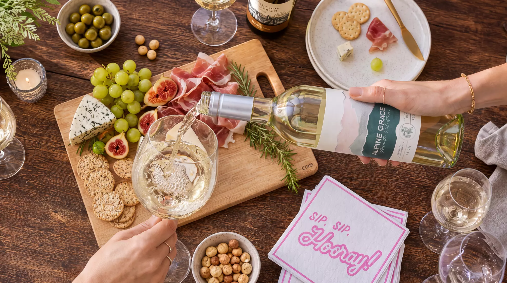 Oh! Sip and Snack Bundle white wines with charcuterie board
