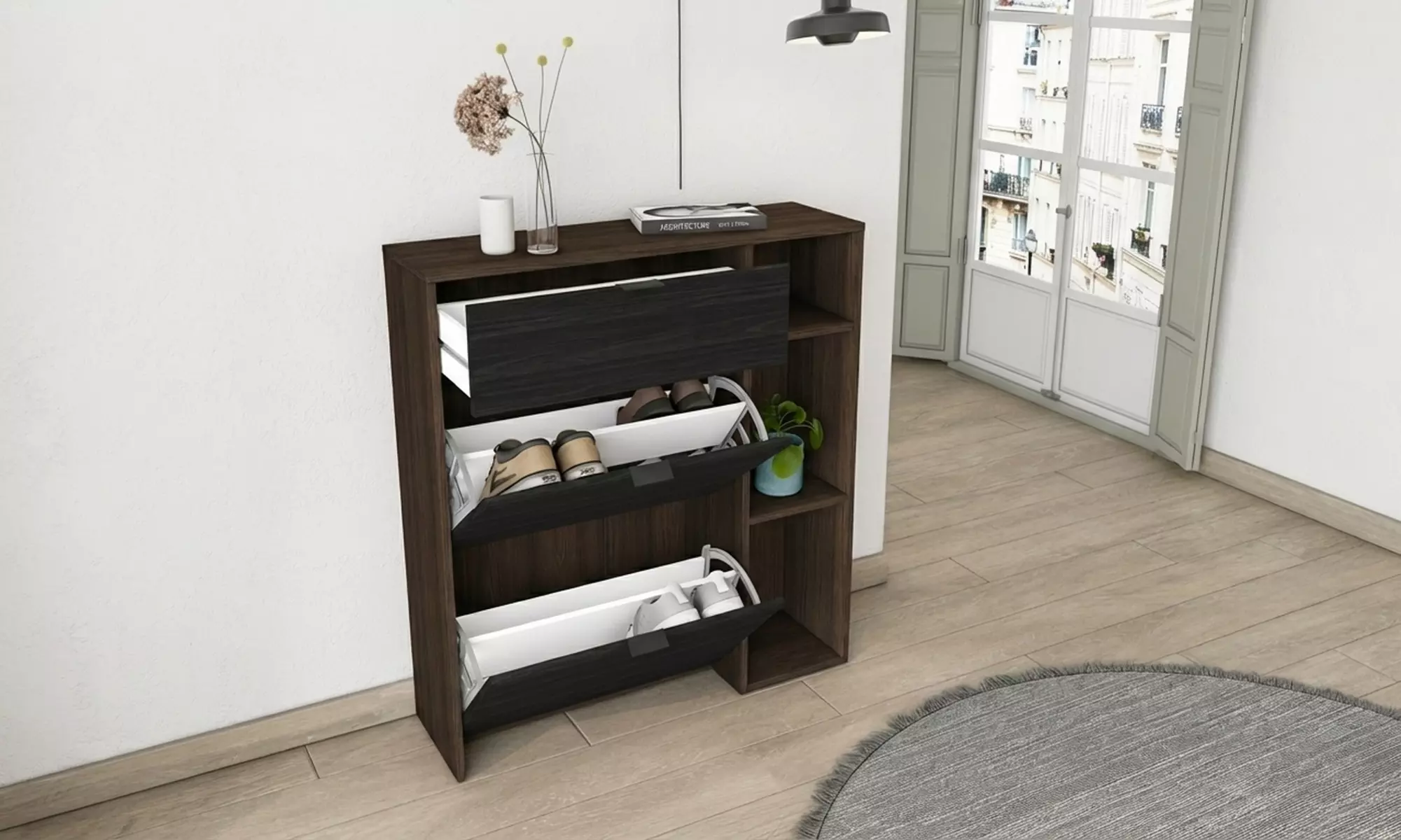 Schoenenkast met kanteldeuren en lade