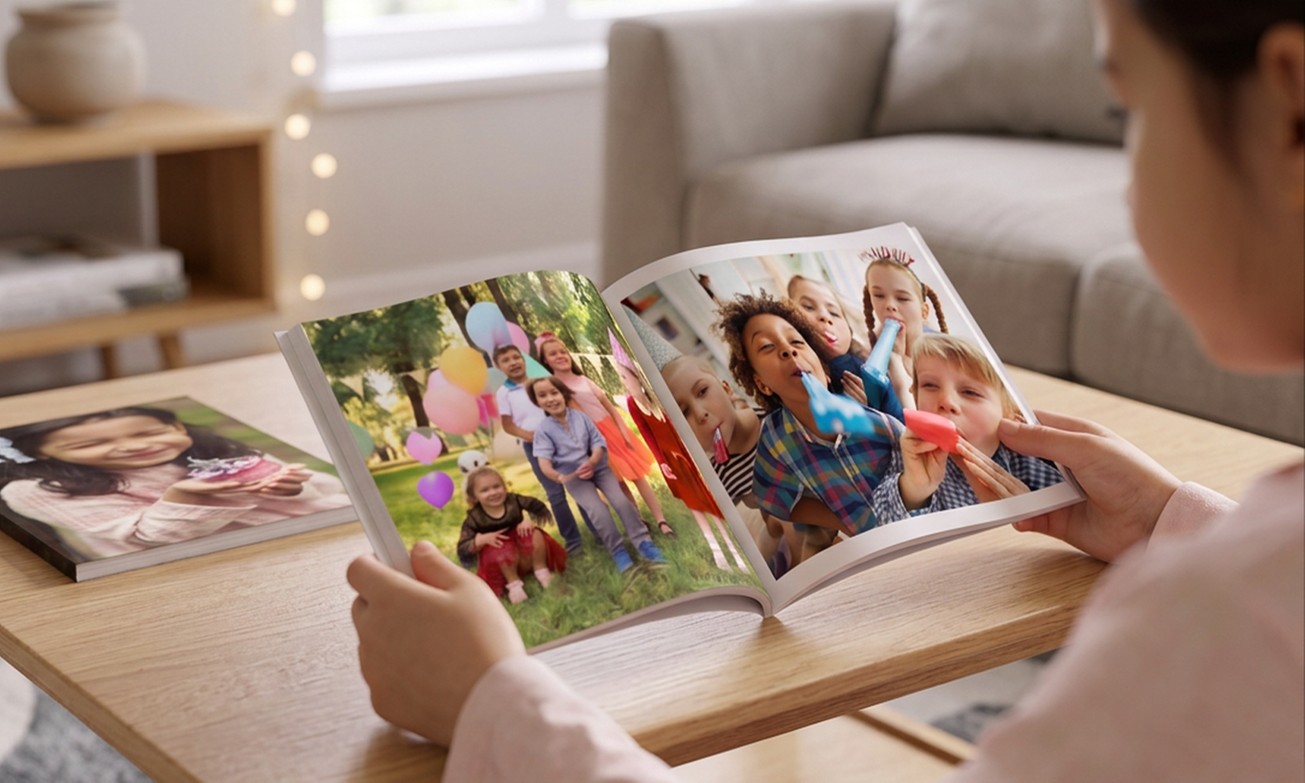 Open softcover photo book displaying cherished memories
