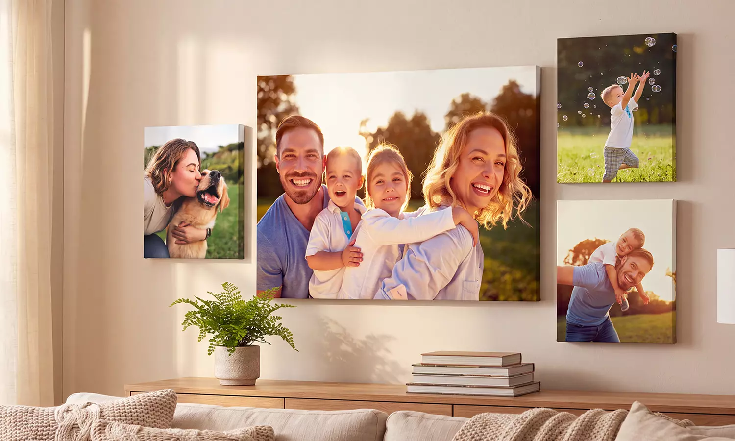 Mixed-size canvas prints forming a gallery wall of family photos