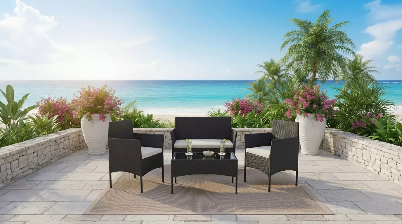 Salottino da giardino 4 posti con tavolino e cuscini