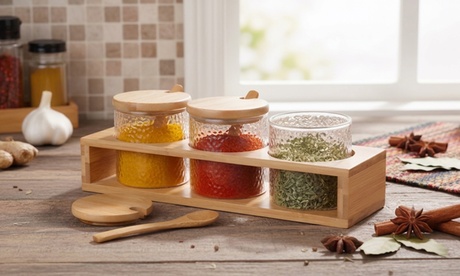 Homiu HOMIU Set of 3 glass jars with bamboo lids and stand