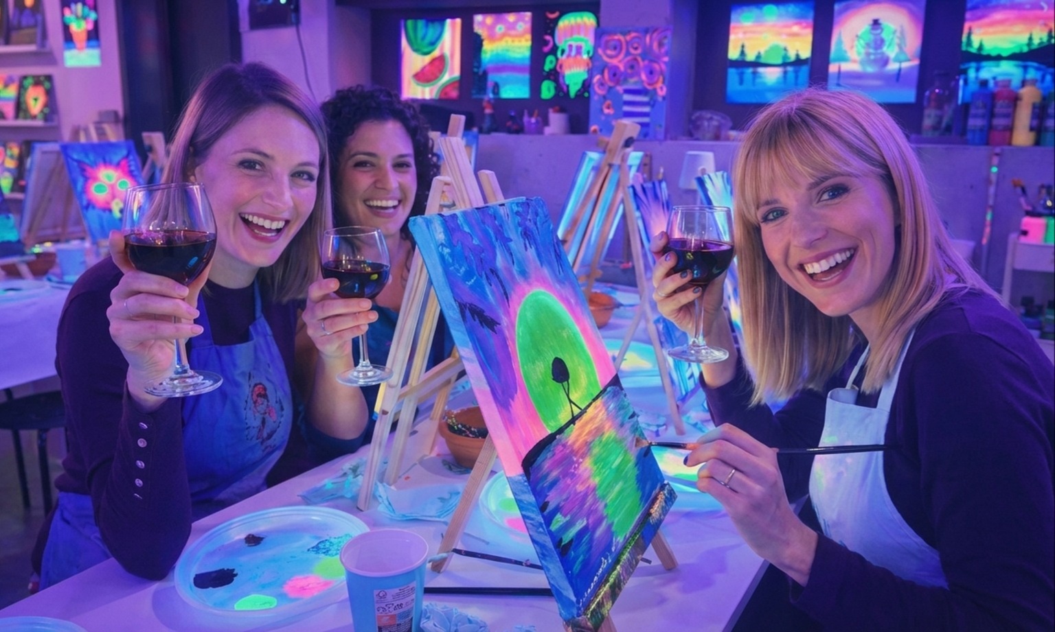 Experiencia creativa de pintura neón con vino ilimitado para 1 o 2