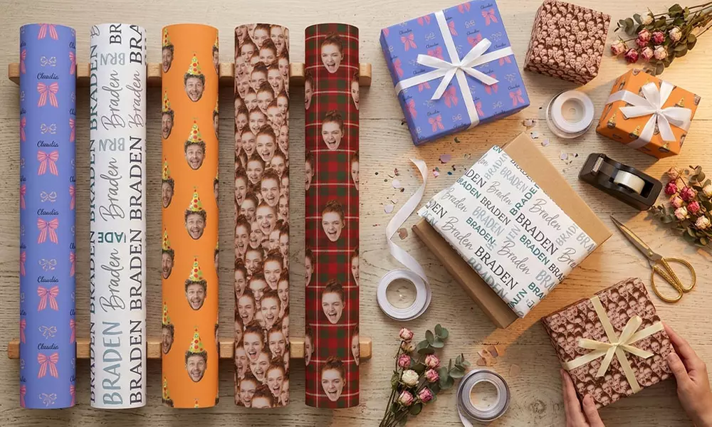 Variety of gifts wrapped in custom photo paper with different faces