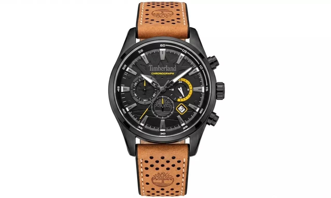 Reloj analógico tipo cronógrafo de 44 mm con correa de cuero en color marrón, de Timberland - Primary Image