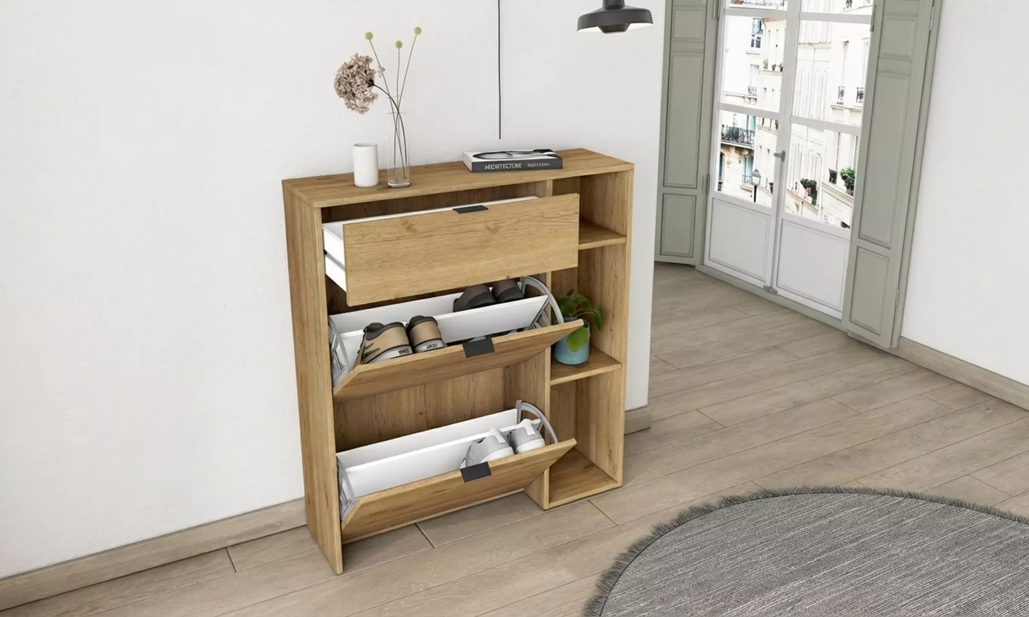 Schoenenkast met kanteldeuren en lade