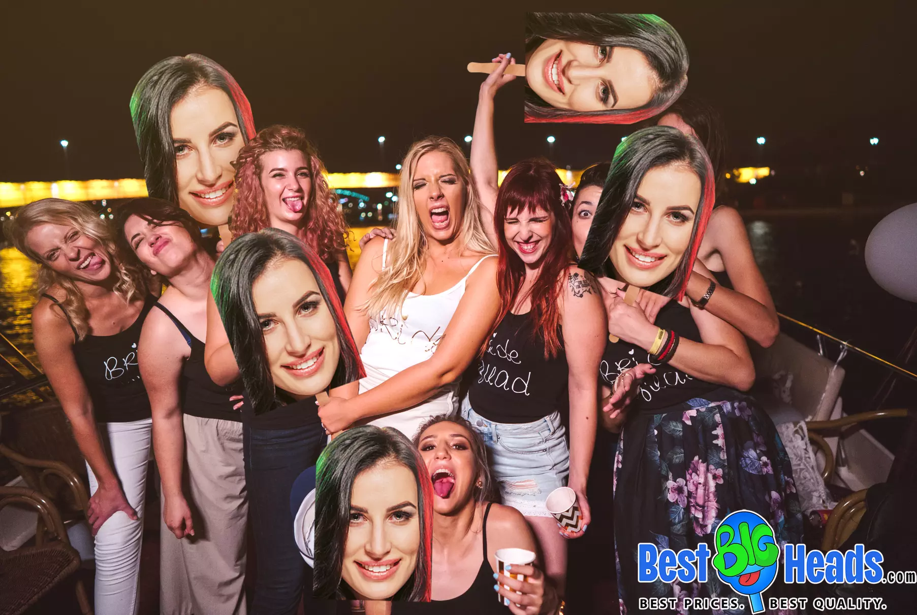 Smiling woman holding a big head cutout of another person's face
