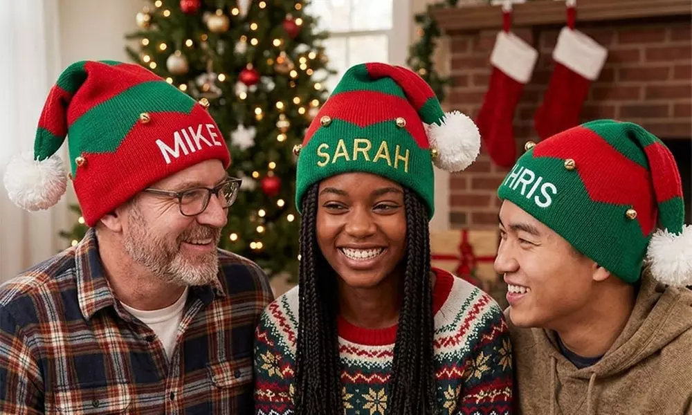 Close-up of a personalized Christmas hat with embroidered name and holiday decorations