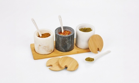 Homiu Spice Jar Set Round 3 Pack Black & Two White Marble Pots Bamboo Lids & Spoons