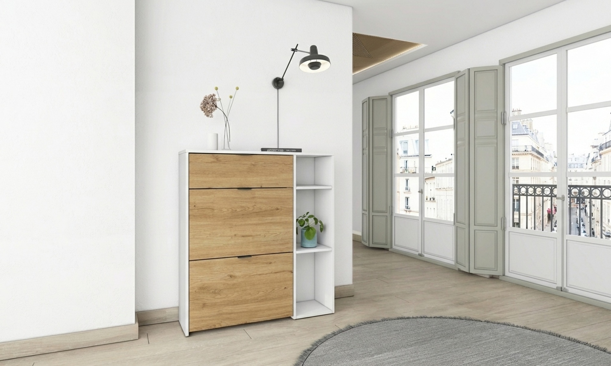 Meuble à chaussures avec portes basculantes et tiroir