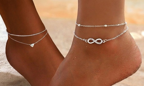 Pulsera tobillera con charm: Símbolo del infinito y corazón / 2 unidades