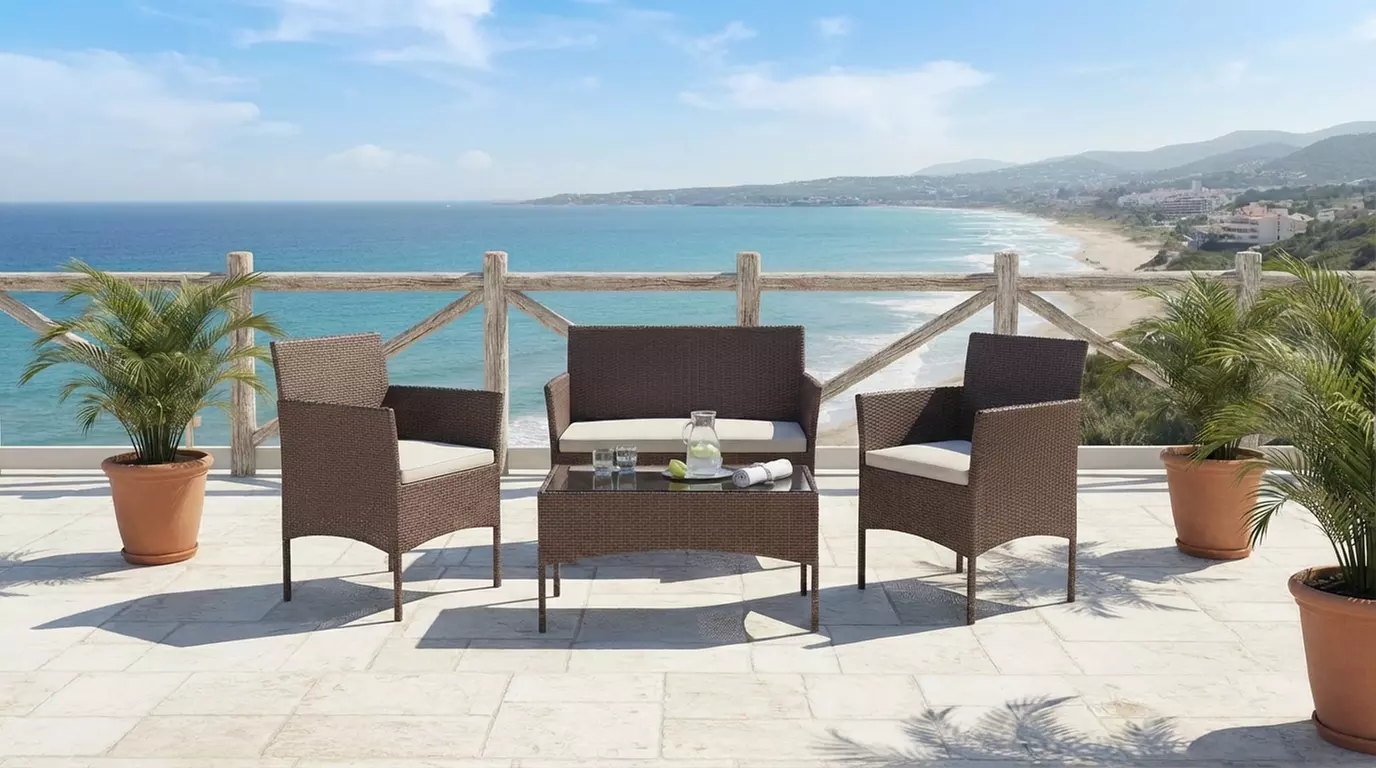 Salottino da giardino 4 posti con tavolino e cuscini