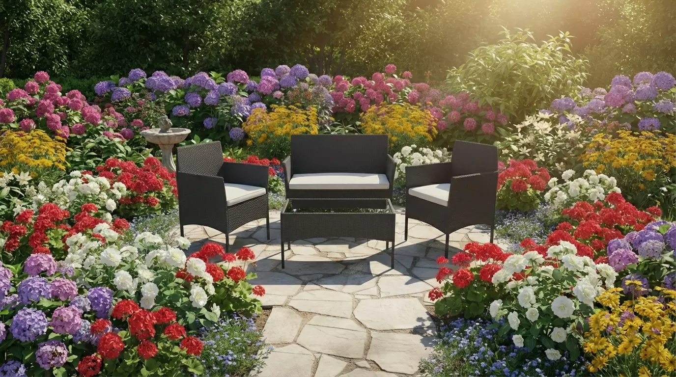 Salottino da giardino 4 posti con tavolino e cuscini