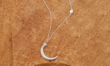 Italian Sterling Silver Crescent Moon and Star Station Necklace 18 Sterling Silver