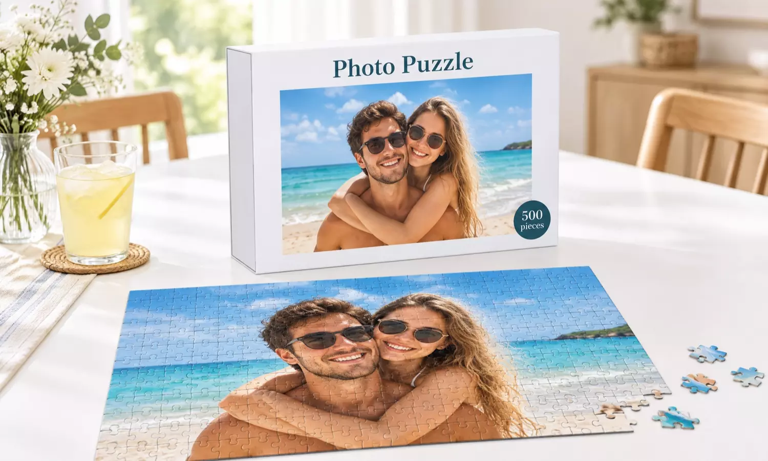 Printerpix custom photo puzzle of a couple at the beach with its matching box