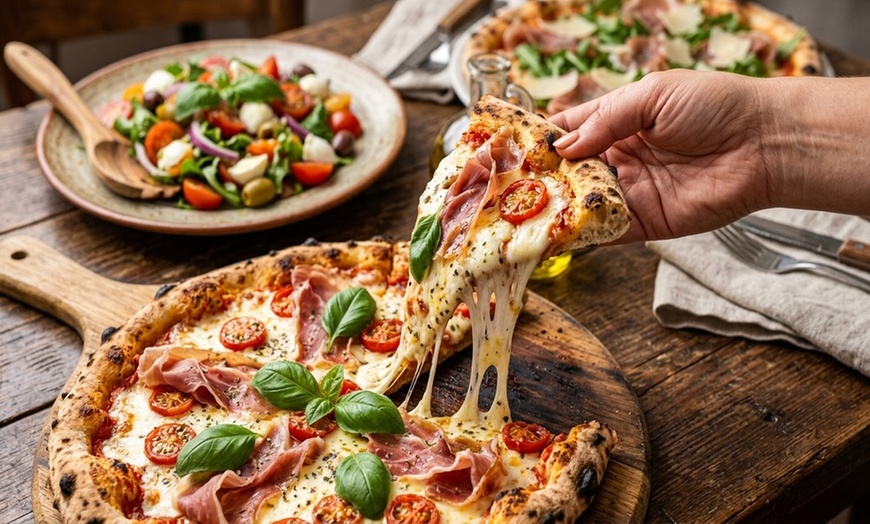 Image 4: Gourmet Pizza Shoppe offers two large 14'' pizzas with unique gourmet toppings, salads, and appetizers up to 37% off