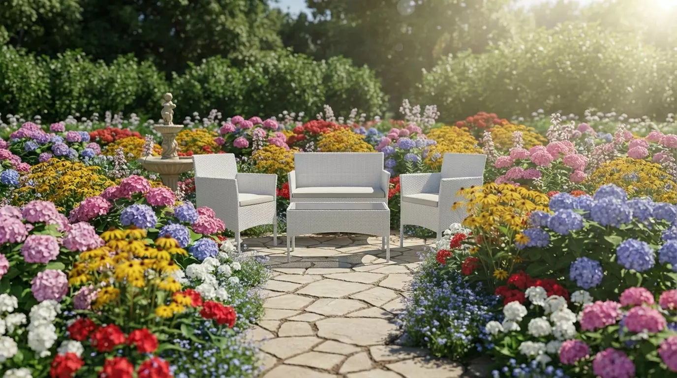 Salottino da giardino 4 posti con tavolino e cuscini