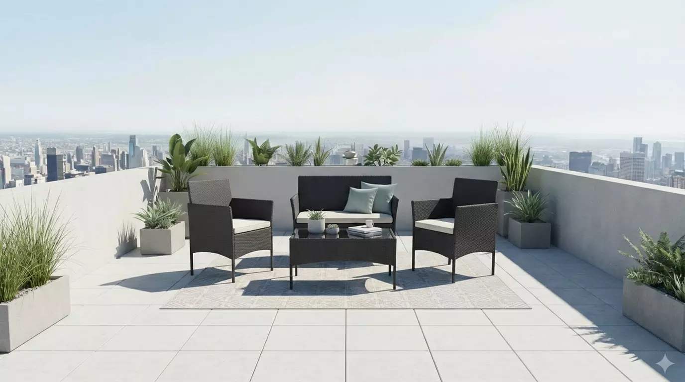 Salottino da giardino in polyrattan 4 posti con tavolino e cuscini, disponibile in vari colori, spedizione gratuita - Primary Image