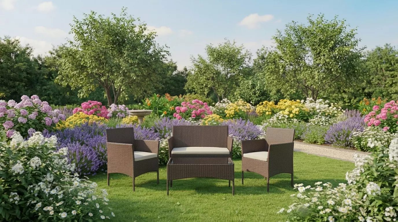 Salottino da giardino 4 posti con tavolino e cuscini