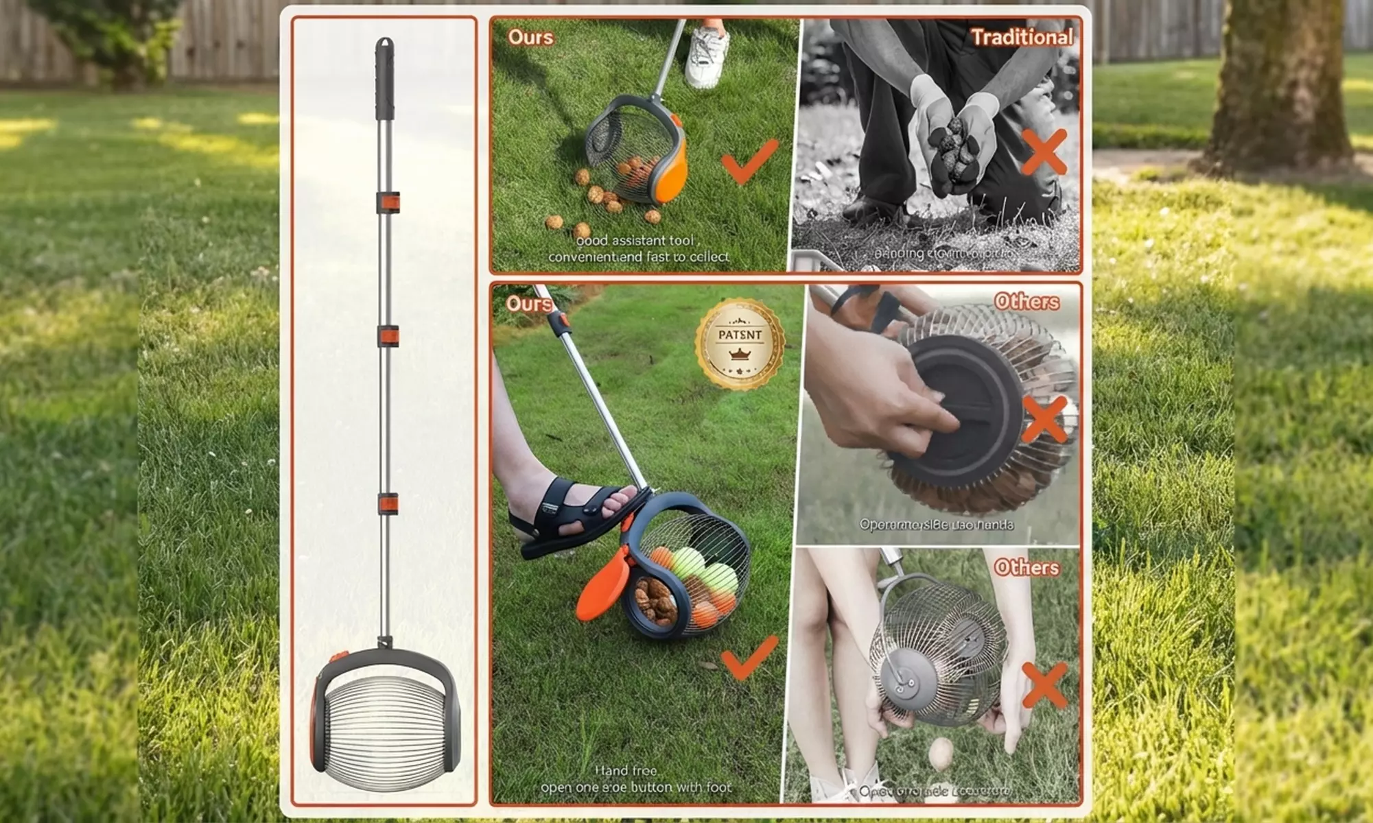 Rouleau ramasse-fruits Boudech avec manche télescopique réglable