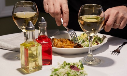 For One: Two Course Meal including a Starter, Main Course with a Glass of Wine or Soft Drink