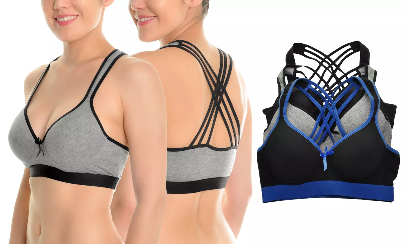Angelina Wired Lightly Padded Strappy Back Cotton Sports Bras (3-Pack) - Primary Image