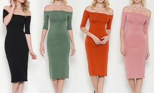 Junior Women's 3/4-Sleeve Off-the-Shoulder Midi Bodycon Dress