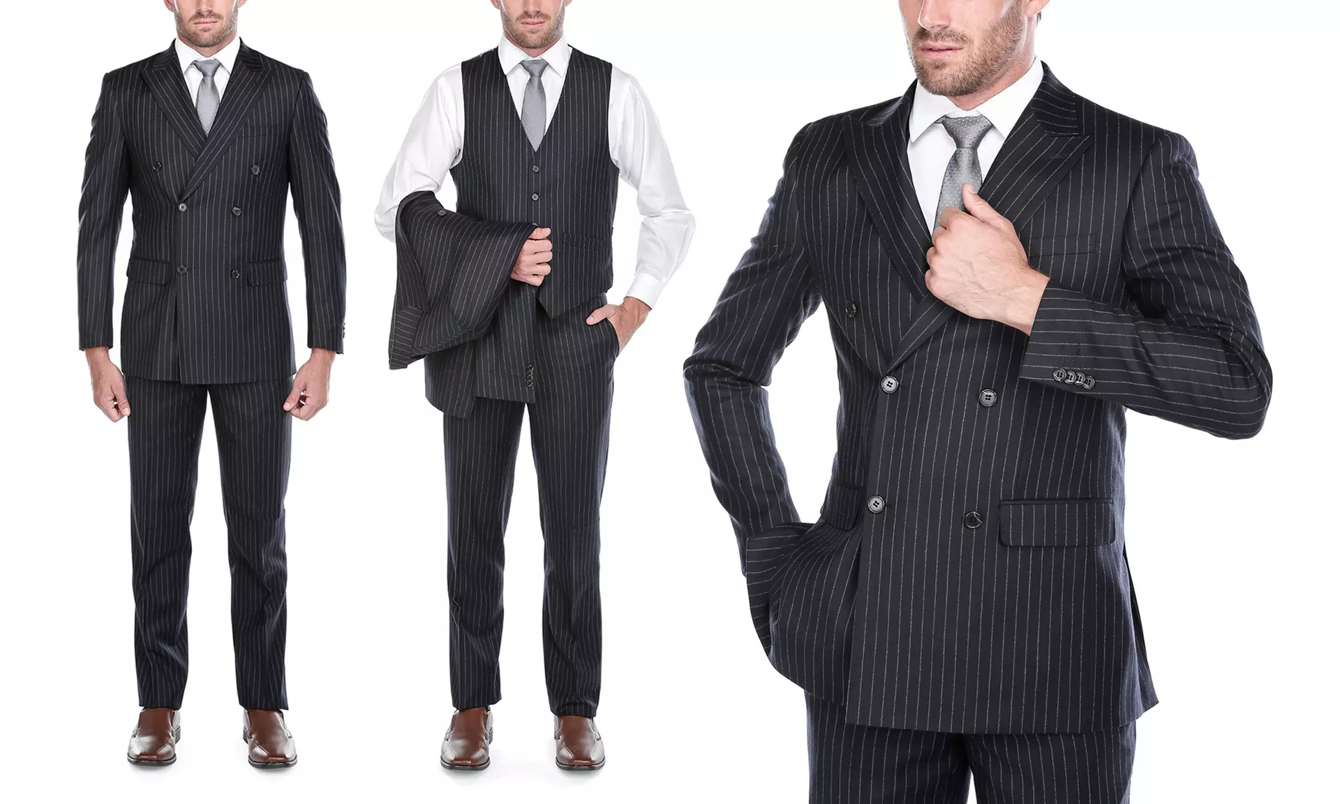 Verno Men’s Wool Slim-Fit Pinstripe Double-Breasted Suits (3-Piece) - Second Medium