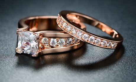 18K Rose Gold Plated Cubic Zirconia Engagement Ring Set (2-Piece)