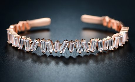 Cubic Zirconia Baguette Bangle in 18K Rose Gold Plating by Barzel