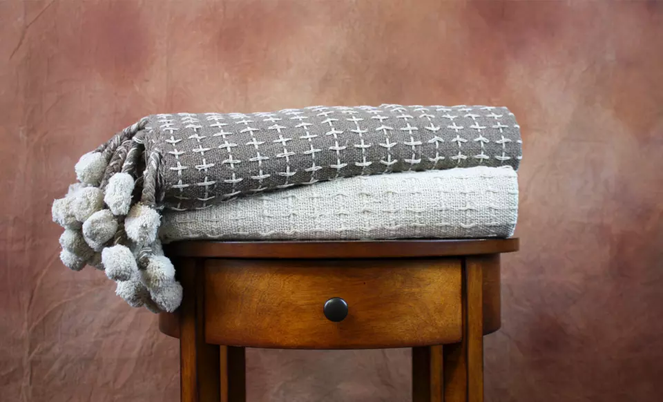 Cotton Cross-Stitch Throws with Pom-Poms (2-Pack) - Second Medium