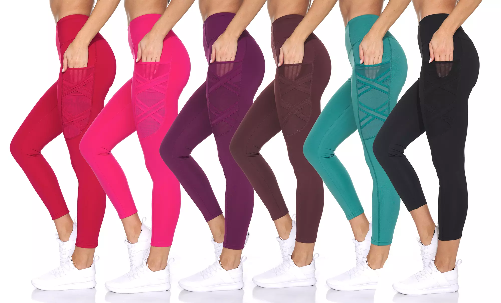 BSP Women's High Waist Active Capri Length Leggings with Crossed Mesh Detail - Primary Image