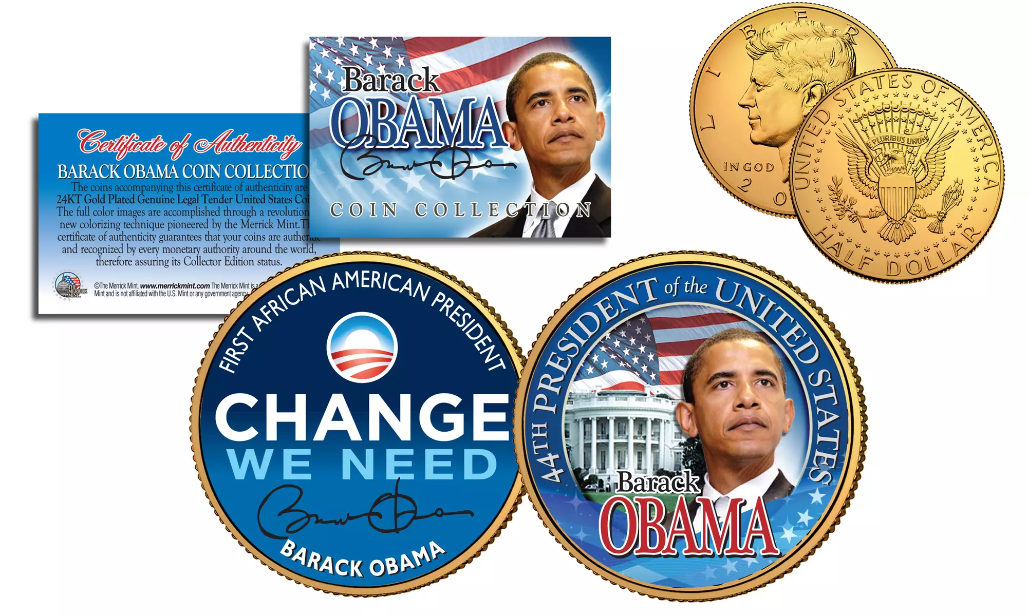 Barack Obama President 2-Sided 24K Gold Plated 2008 JFK Half Dollar Coin - Buy 1 Get 1 FREE - Primary Image