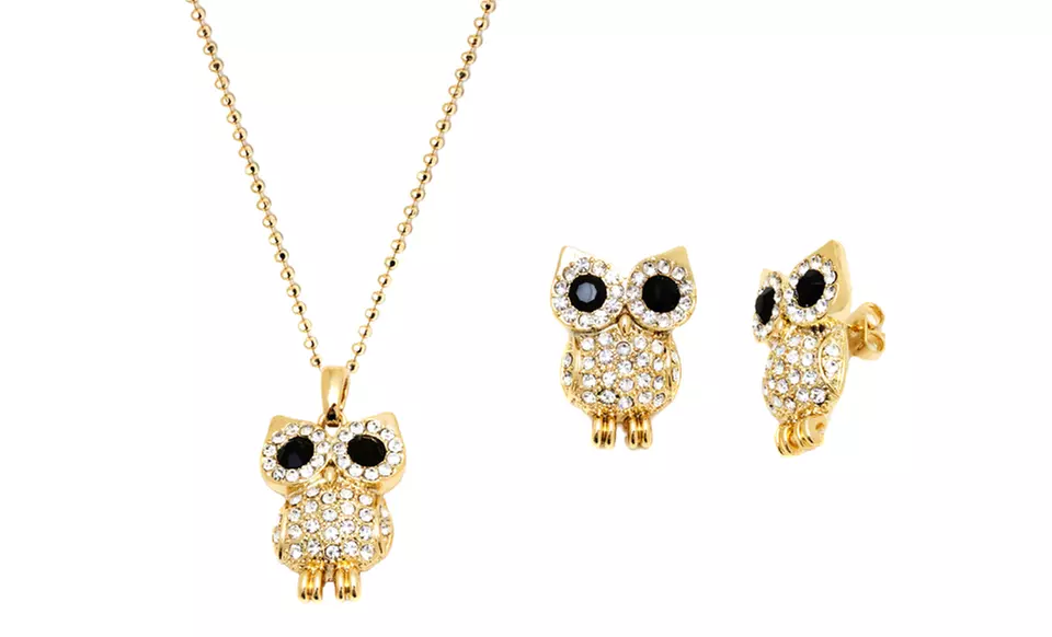 Owl Earrings and Pendant Set in 18K Gold Plated Brass with 1/10ct. Swarovski Elements - Primary Image