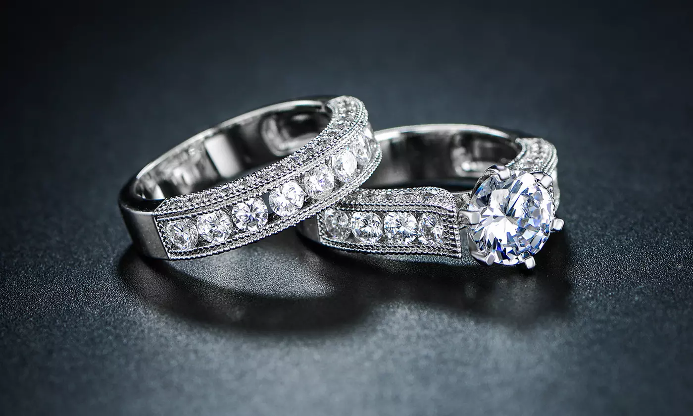 18K White Gold Plated Cubic Zirconia Bridal Ring Set by Barzel (2-Piece) - Primary Image