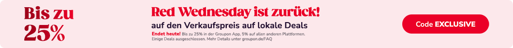 Erhalte nur in der groupon-app Bis zu 25% auf den Verkaufspreis auf lokale Deals mit dem Code EXCLUSIVE. Endet heute. Einige Deals sind ausgeschlossen.