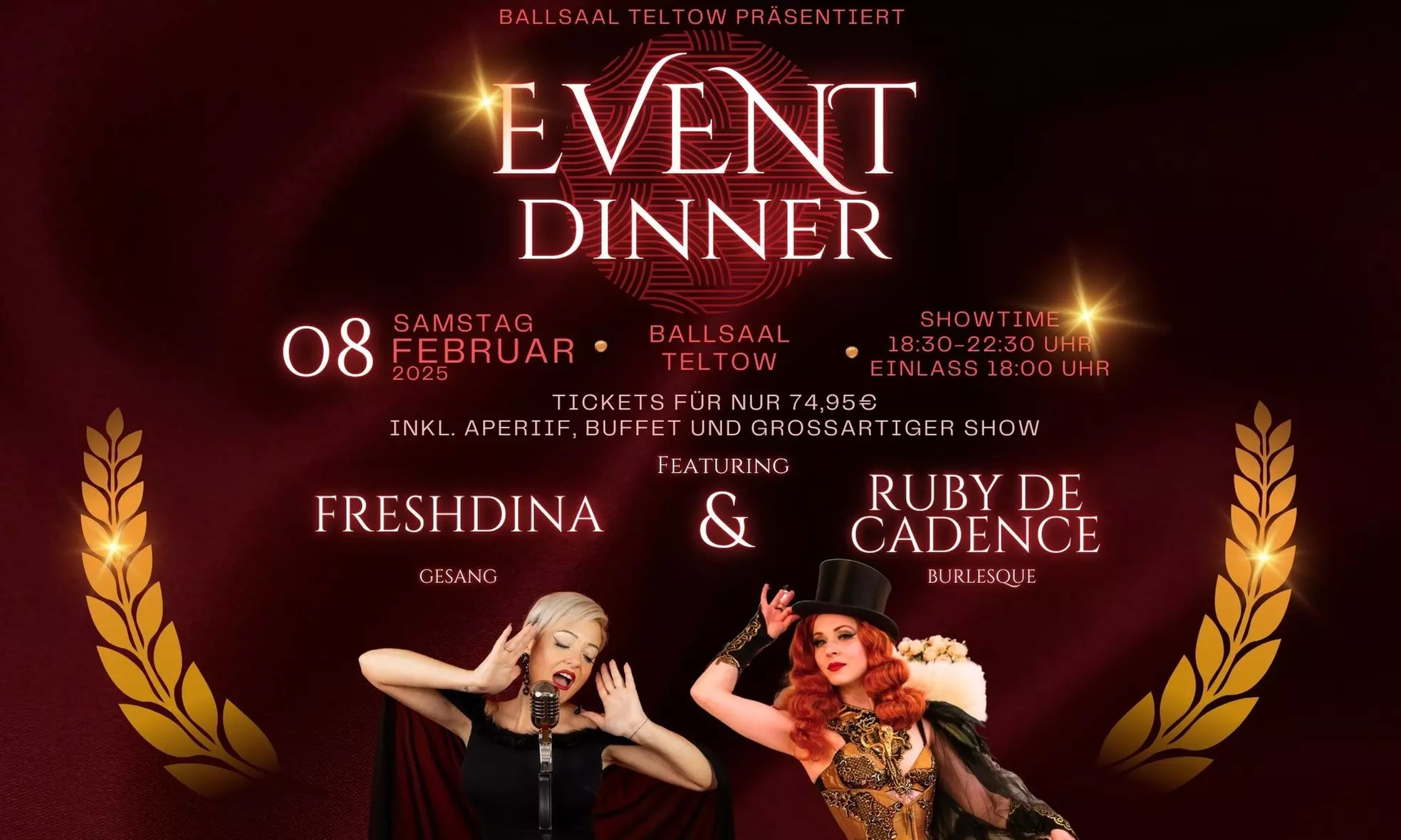 Eventdinner mit Show, Aperitif & Buffet am 08.Feburar 2025 für 2 oder 4 Personen im Ballsaal Teltow (20% sparen) - Primary Image