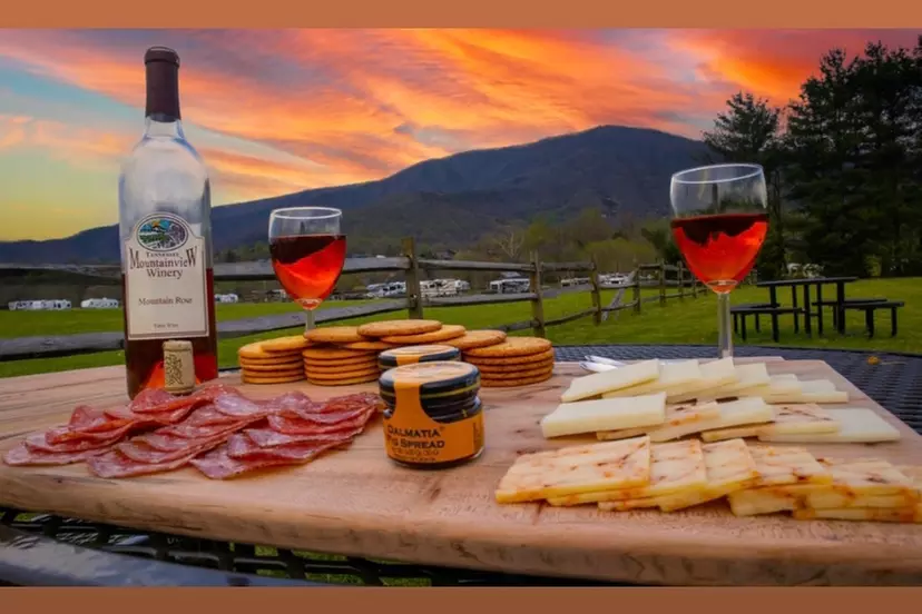 Cheese Tray and Complimentary Logo Glasses with Smoky Mountain Views