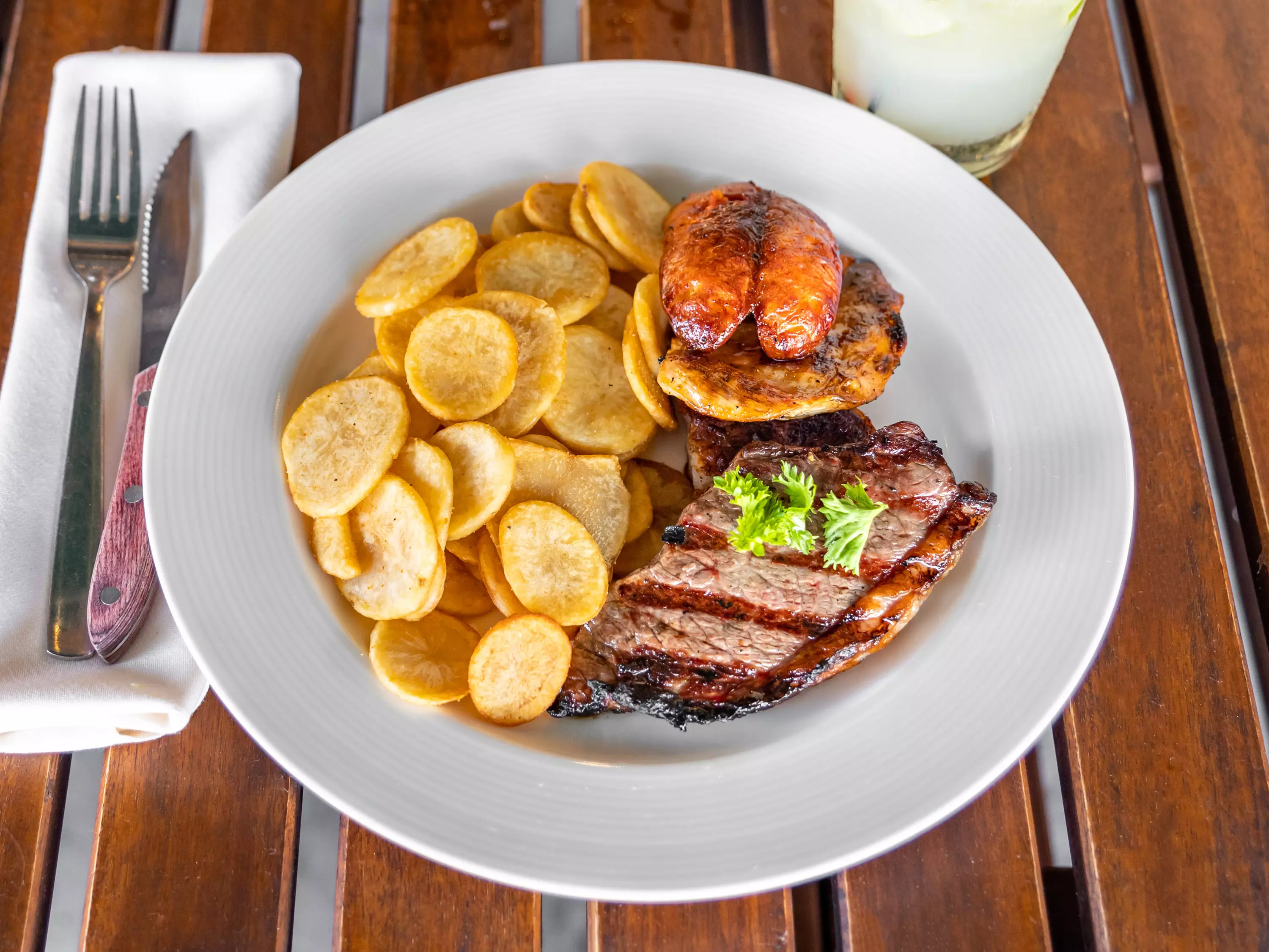 Brazilian steak lunch options with dessert and drink