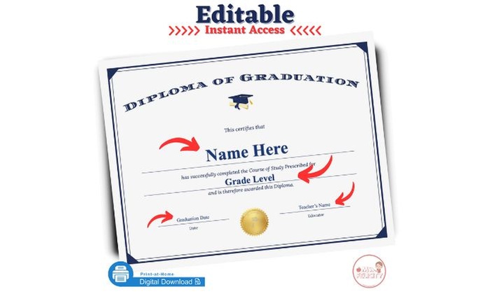 Printable Diploma of Graduation with Editable Instant Access
