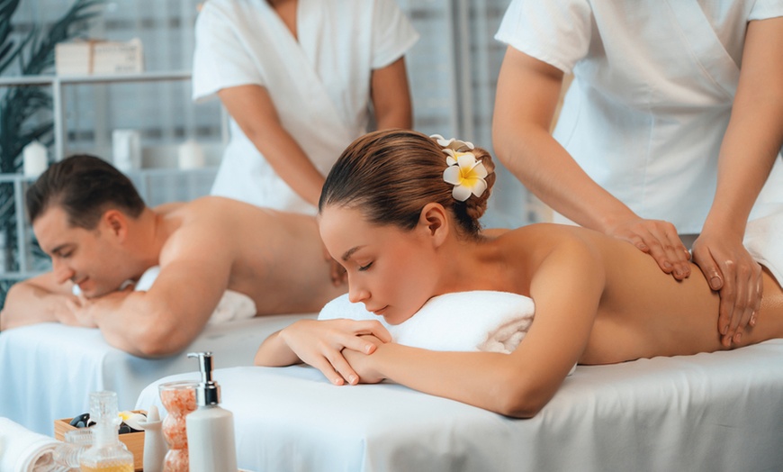 Image 1: Couples 60-Min or 90-Min Relaxing Combo Package w/ Hot Stones at New Fan Fan Spa Up to 50% Off
