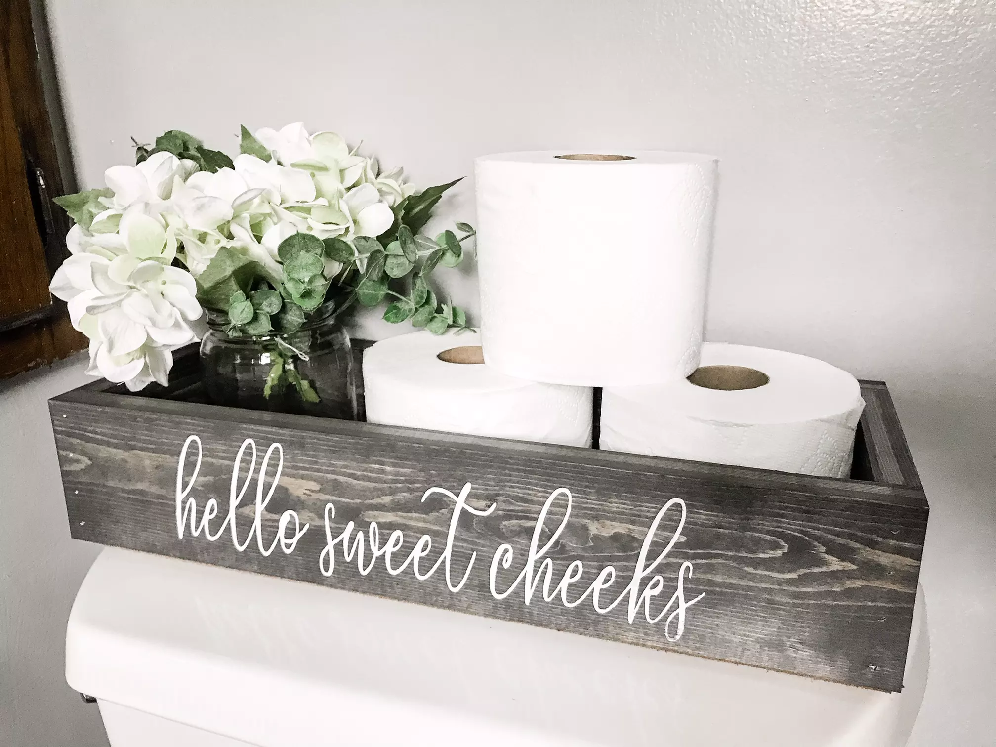 Add charm with Gray Hello Sweet Cheeks Toilet Paper Box from cottongrain.com, featuring options up to 25% off - Primary Image