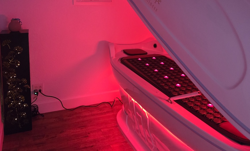 Image 2: Recharge: Red Light Bed + Irradiance Technology or Infrared Sauna Pod