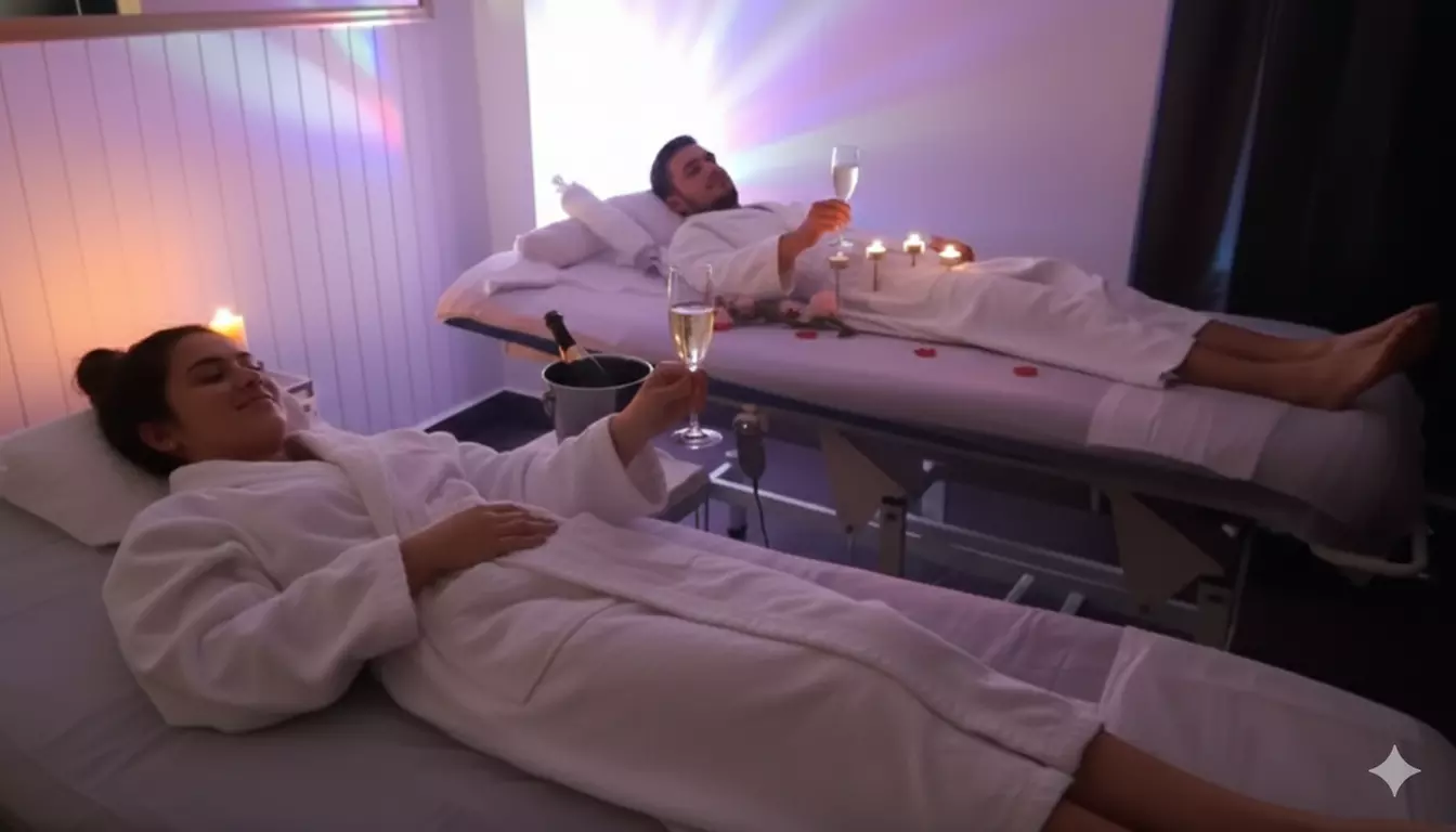 Ritual de masaje en pareja con copa de cava y bombones