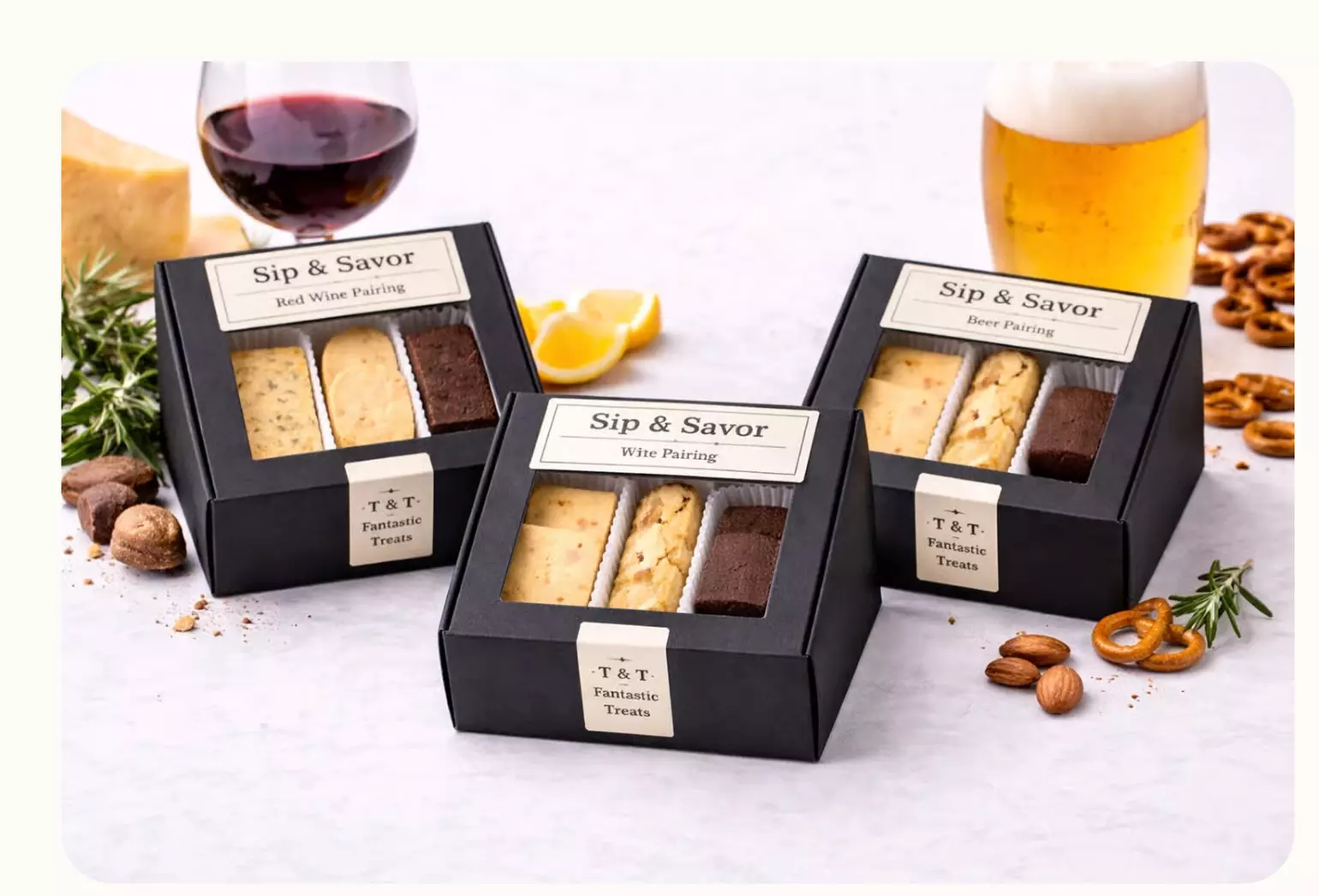 Glass of Wine, Beer Bottle, Mocktail and Cookie Box and More