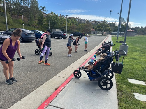Mothers exercising with strollers in a park.