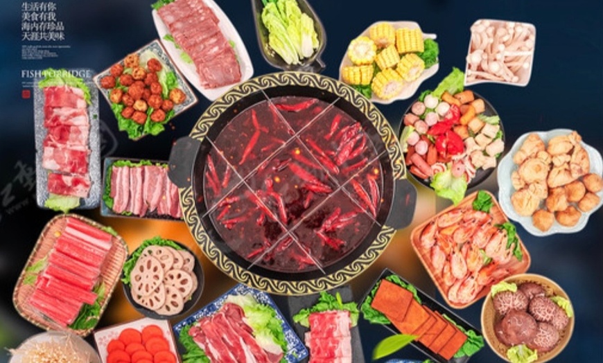 Image 4:  Hot Pot with sliced meat, fresh veggies, rice/noodles for Two or Four