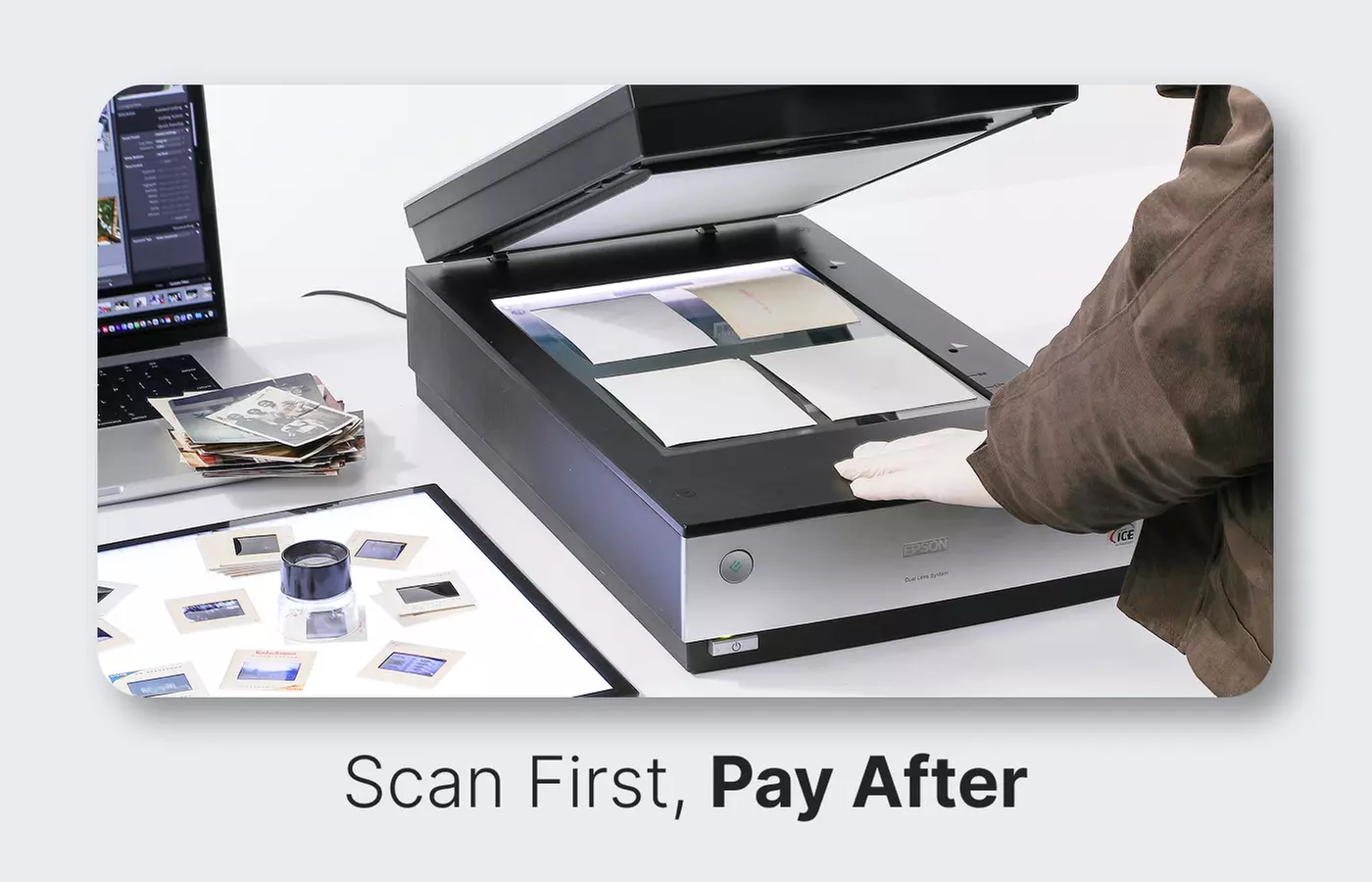 Photo Scanning:19¢ per. Send First, Pay After. 4x Resolution 600 DPI