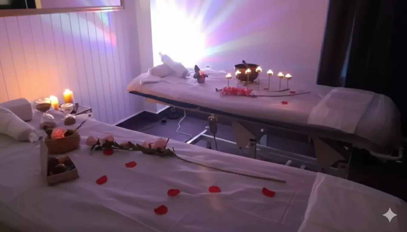 Ritual de masaje en pareja con copa de cava y bombones